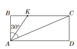 Прямокутник $ABCD$ з точкою $K$ на стороні $BC$; кут $BAK = 30^\circ$.