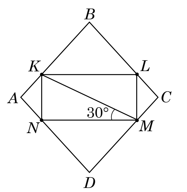Ромб $ABCD$ з вершинами $B$ угорі, $D$ унизу, $A$ ліворуч, $C$ праворуч; у нього вписано прямокутник $KLMN$ з вершинами на сторонах ромба, проведено діагональ $KM$, кут $30^\circ$ при вершині $M$ позначено дугою.