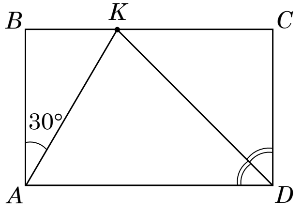 Прямокутник $ABCD$ ($B$ і $C$ угорі, $A$ і $D$ унизу) з точкою $K$ на стороні $BC$; проведено відрізки $AK$ і $DK$, кут $30^\circ$ позначено при вершині $A$, а рівні кути бісектриси позначено при вершині $D$.