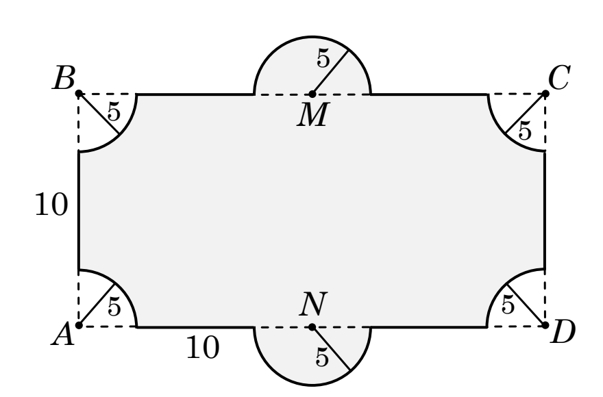 План басейну в межах прямокутника $ABCD$: чотири кути зрізано чвертями кіл радіуса $5$ з центрами у вершинах, на серединах сторін $BC$ і $AD$ (точки $M$ і $N$) розміщено півкруглі виступи радіуса $5$; прямі ділянки по $10$ м.