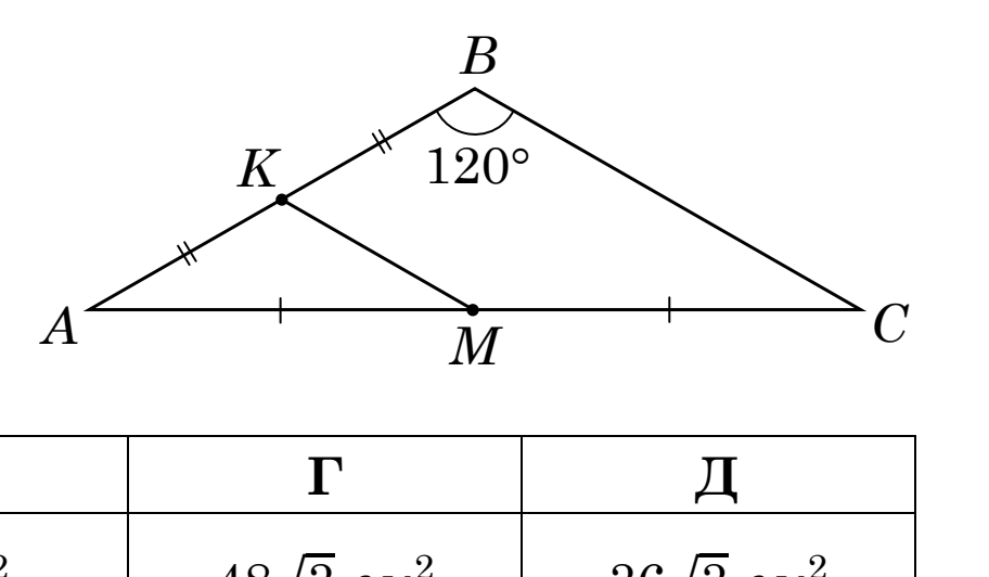 Рівнобедрений трикутник $ABC$ з вершиною $B$ угорі (кут $120^\circ$) і основою $AC$; $K$ є серединою $AB$, $M$ є серединою $AC$ (рівні відрізки позначено рисками), проведено відрізок $KM$.